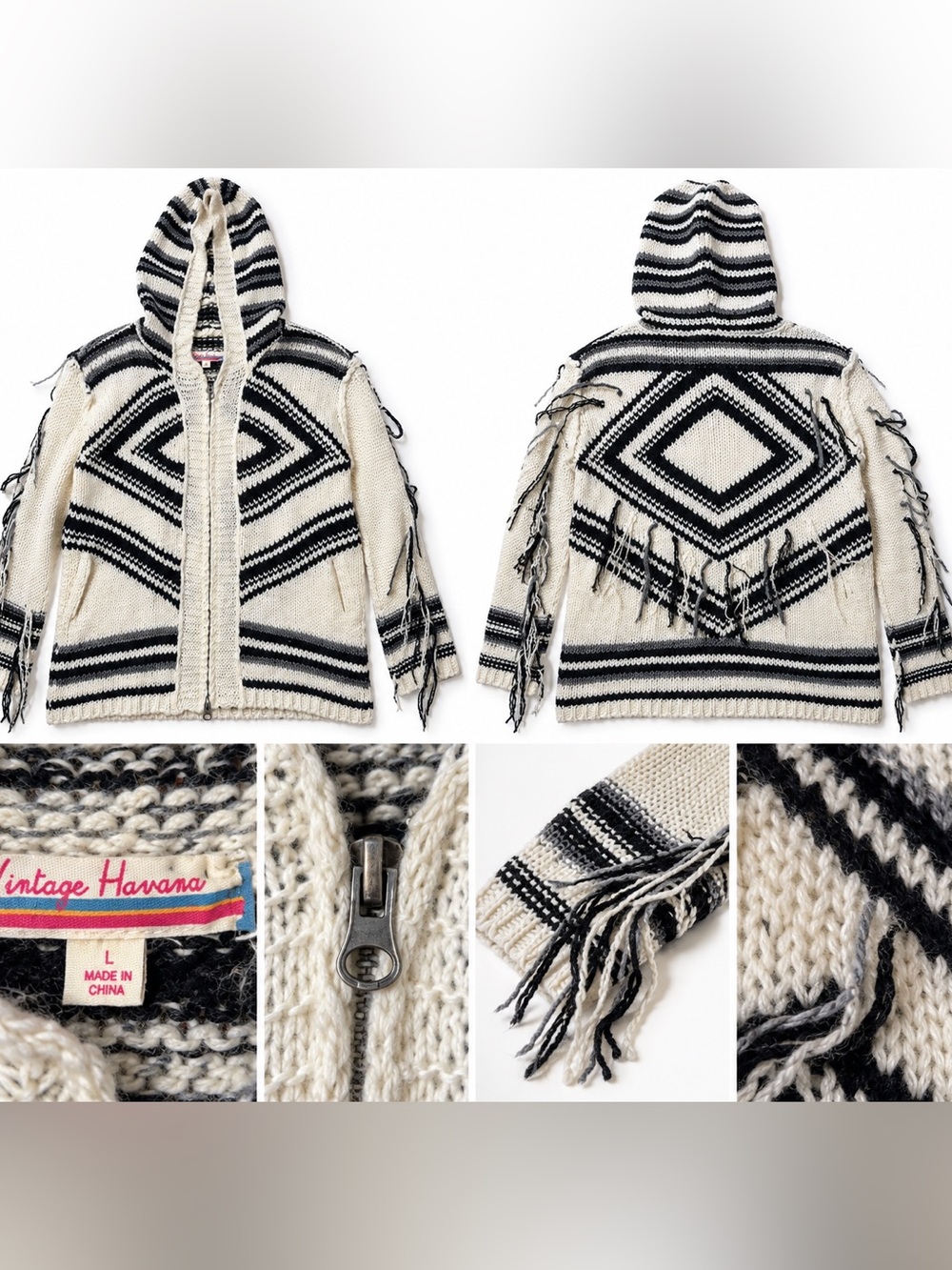 Vintage Havana Hooded Zip-Up Sweater in Black & Cream with Fringe